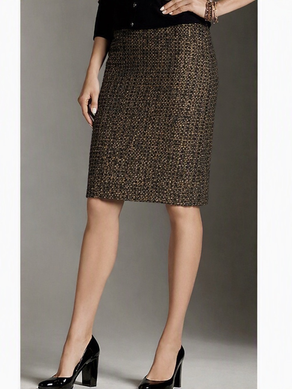 TALBOTS Tweed Metallic Pencil Skirt, Gold Gray Black, Size 8, NWOT